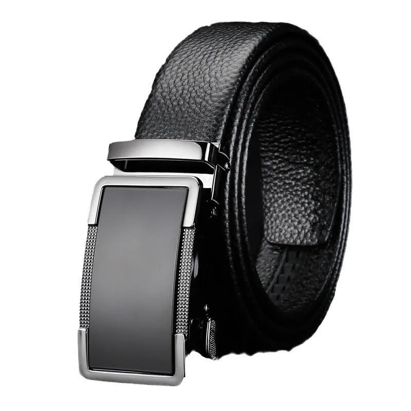 Men's leather automatic buckle belt in gun black, silver, and gold finishes showing the Comfort Click mechanism.