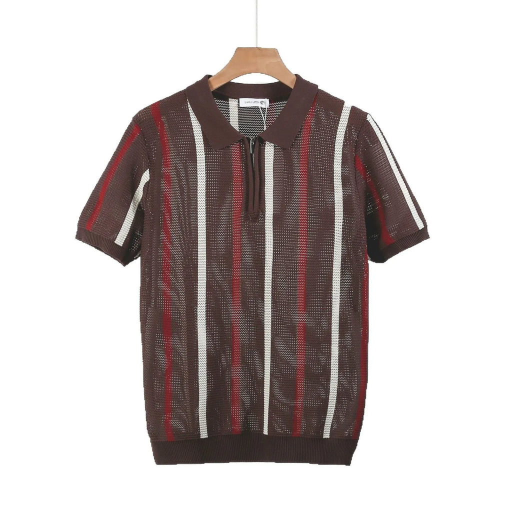 Hollow mesh short-sleeved polo shirt in Ice Silk fabric with zipper decorations, loose fit