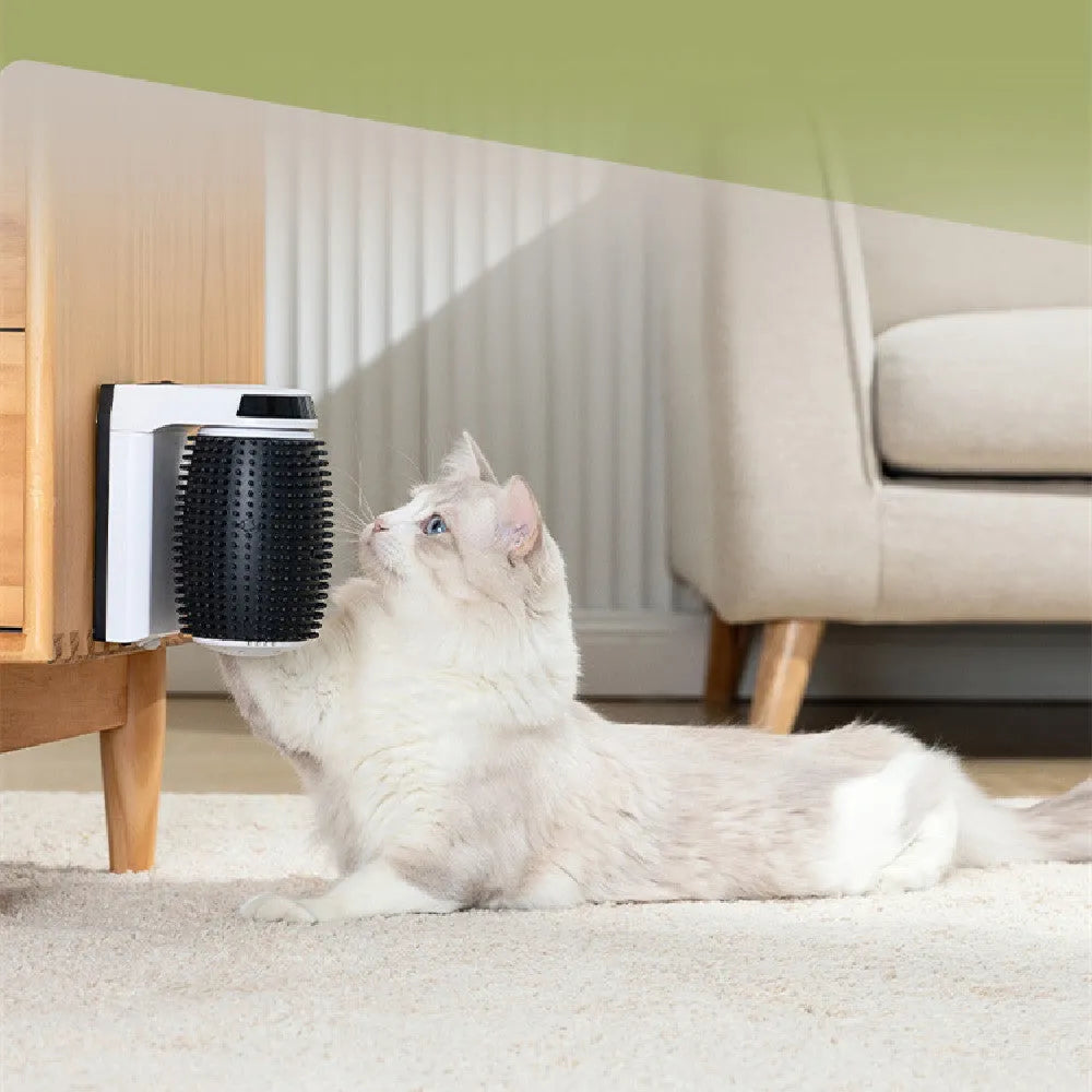 White automatic cat self groomer mounted in a wall corner with soft silicone bristles for grooming and massage