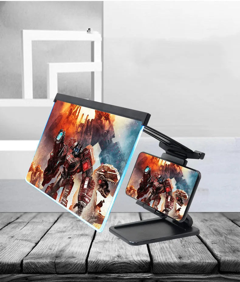 Black folding mobile phone screen amplifier with detachable phone holder magnifying smartphone display