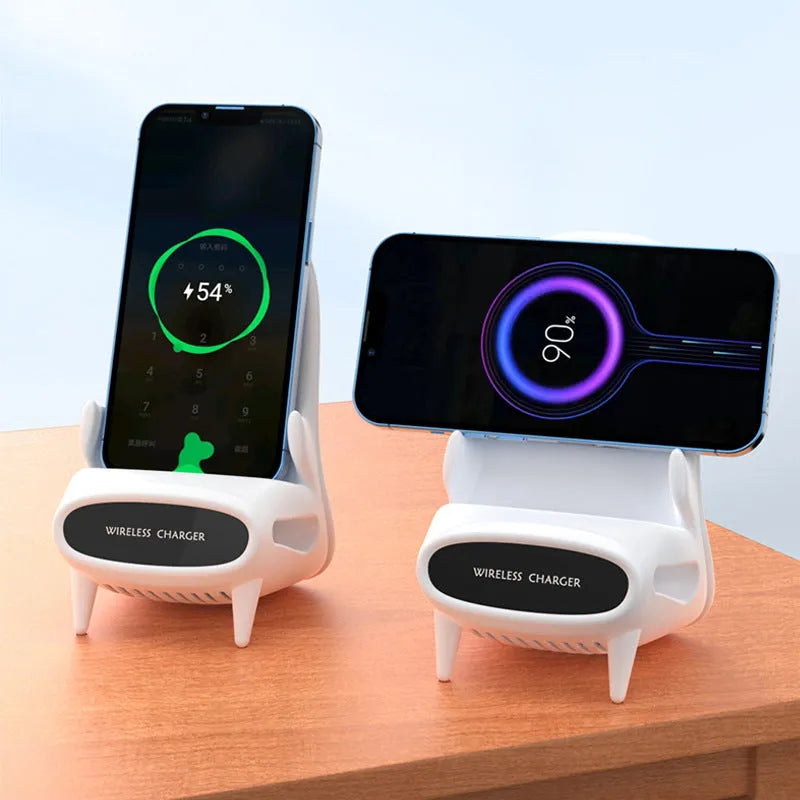 White portable mini chair wireless charger stand with Type-C input and Qi fast charge capability on a desk