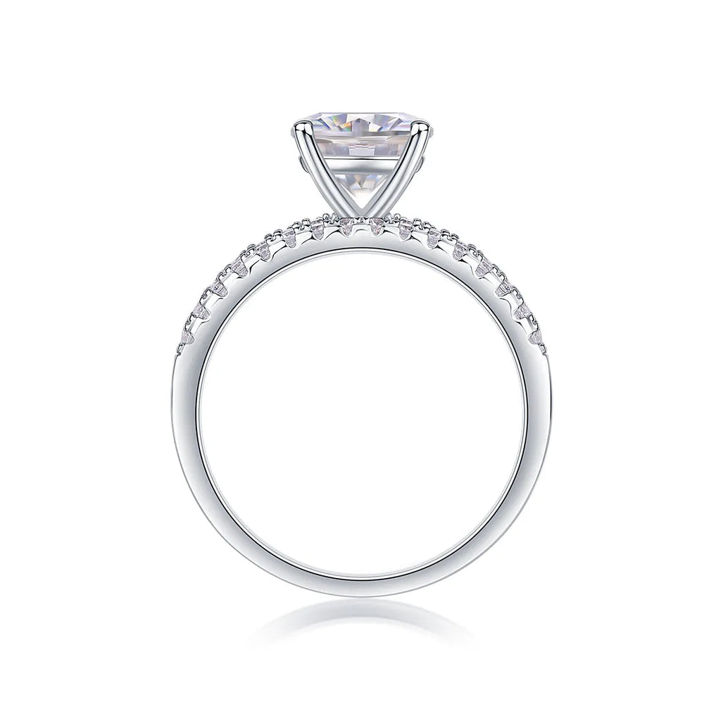 Dreamy 2-carat moissanite wedding ring set on white background, S925 silver platinum-plated band