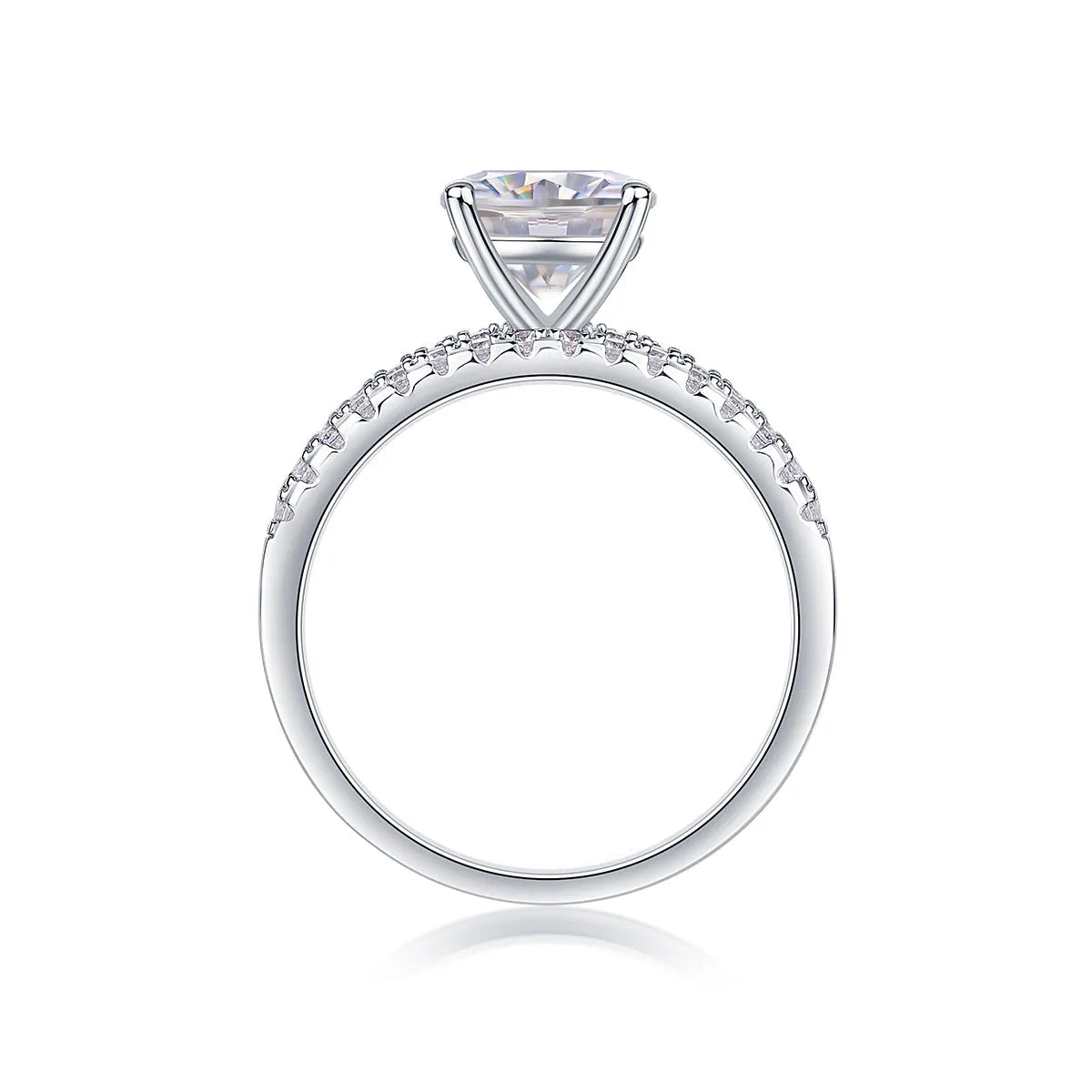 Dreamy 2-carat moissanite wedding ring set on white background, S925 silver platinum-plated band