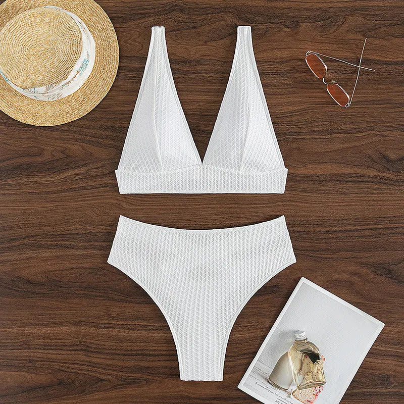 White women's backless bikini set with solid colour, polyester fabric, and spandex lining, available in sizes XS to L