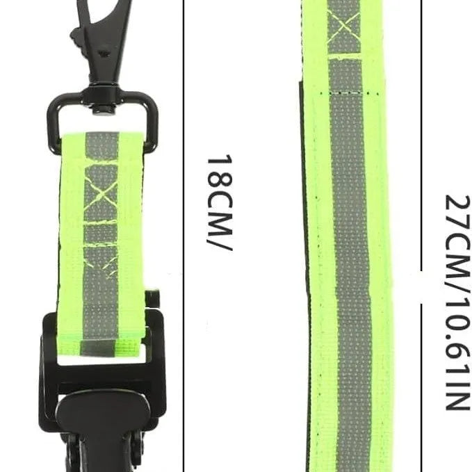 Fluorescent green metal safety clip with reflective nylon lining for securing fireman gloves.