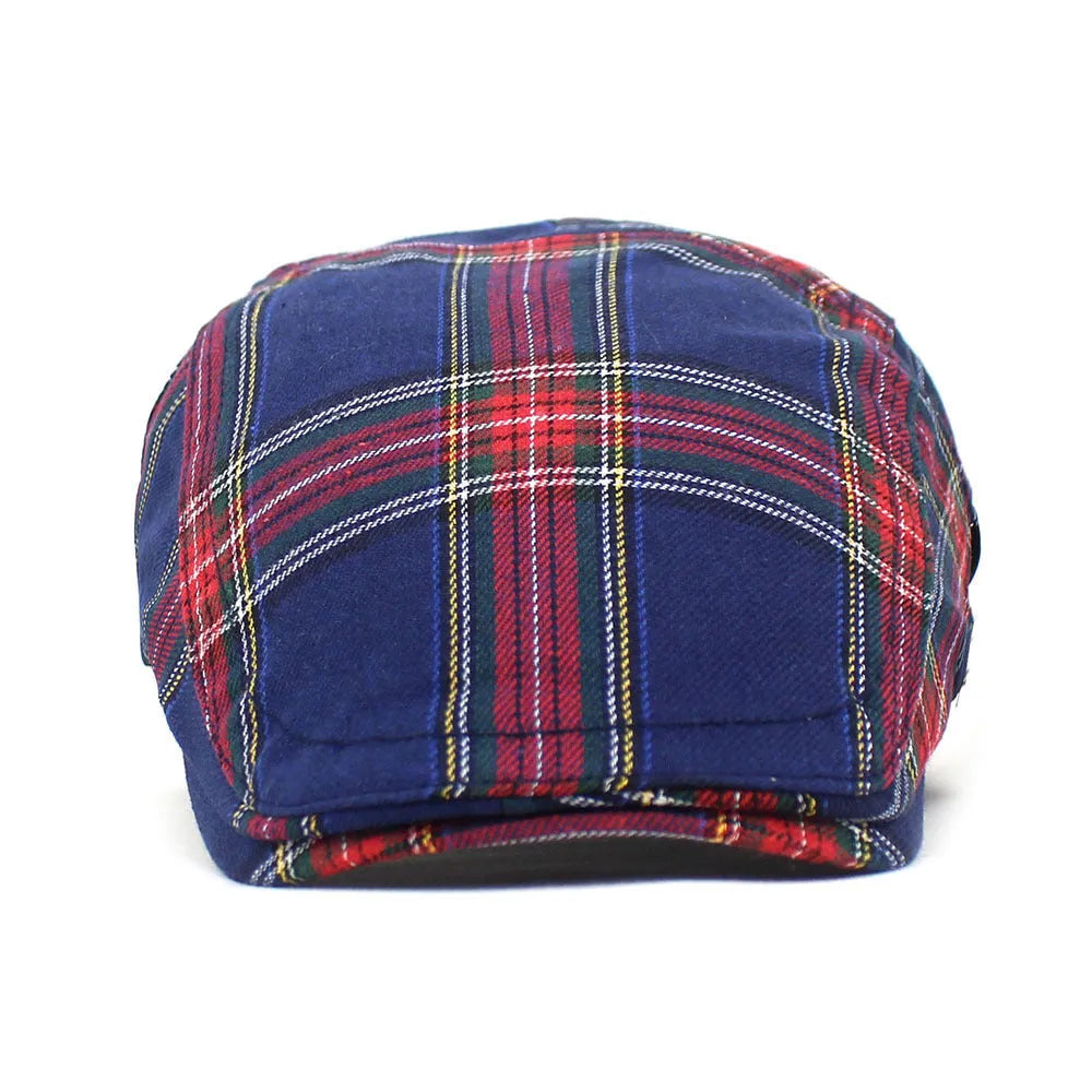Retro plaid beret in red with curved brim and dome crown on adult head