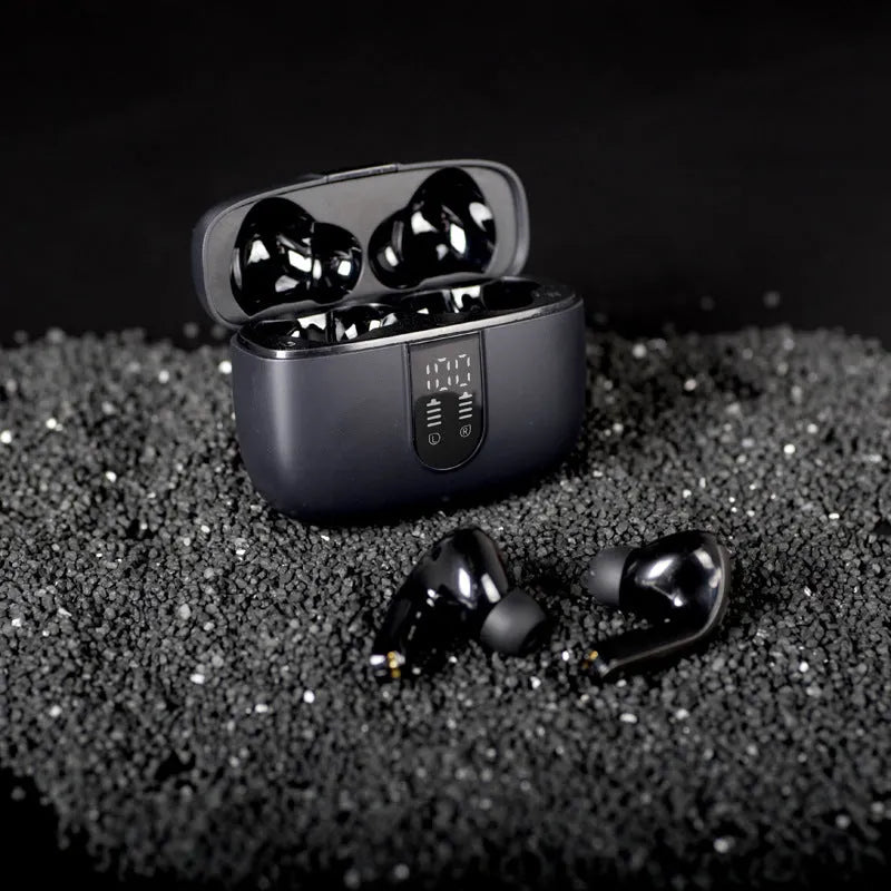 Jerry X08 wireless Bluetooth headset with digital display and charging box in black colour
