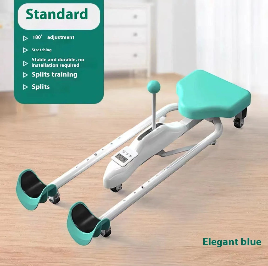Leg opener stretching device with steel frame and foam padding in blue and pink colour options