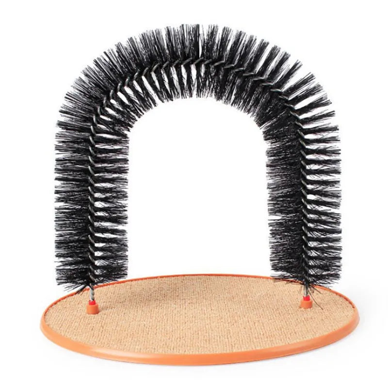 Arched cat grooming station and scratcher toy with built-in bristle brush for cats to scratch and rub against.