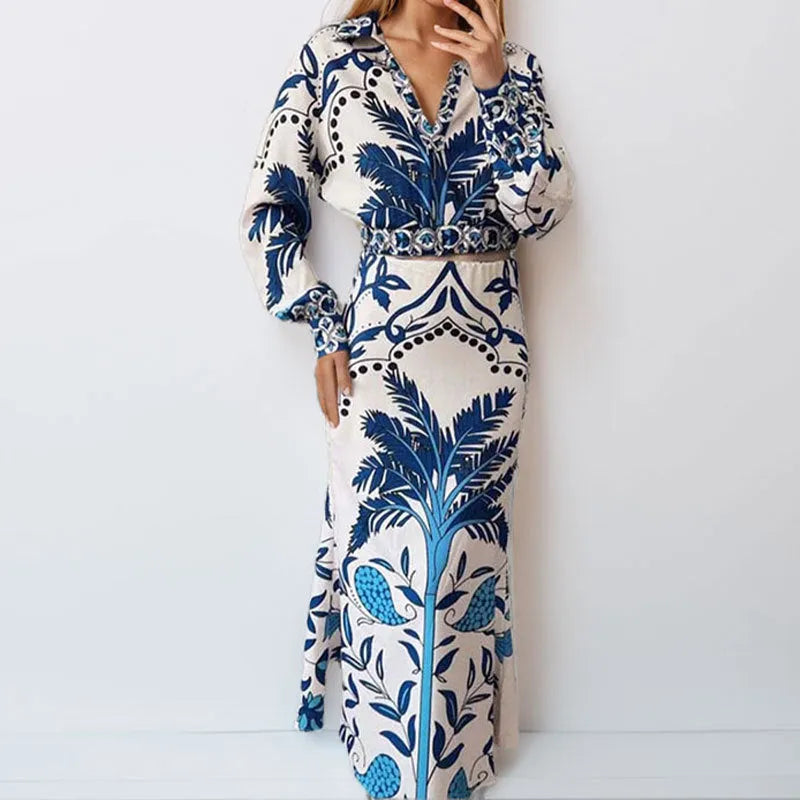 Women's casual two-piece co-ord set with long sleeves and long skirt in polyester fabric