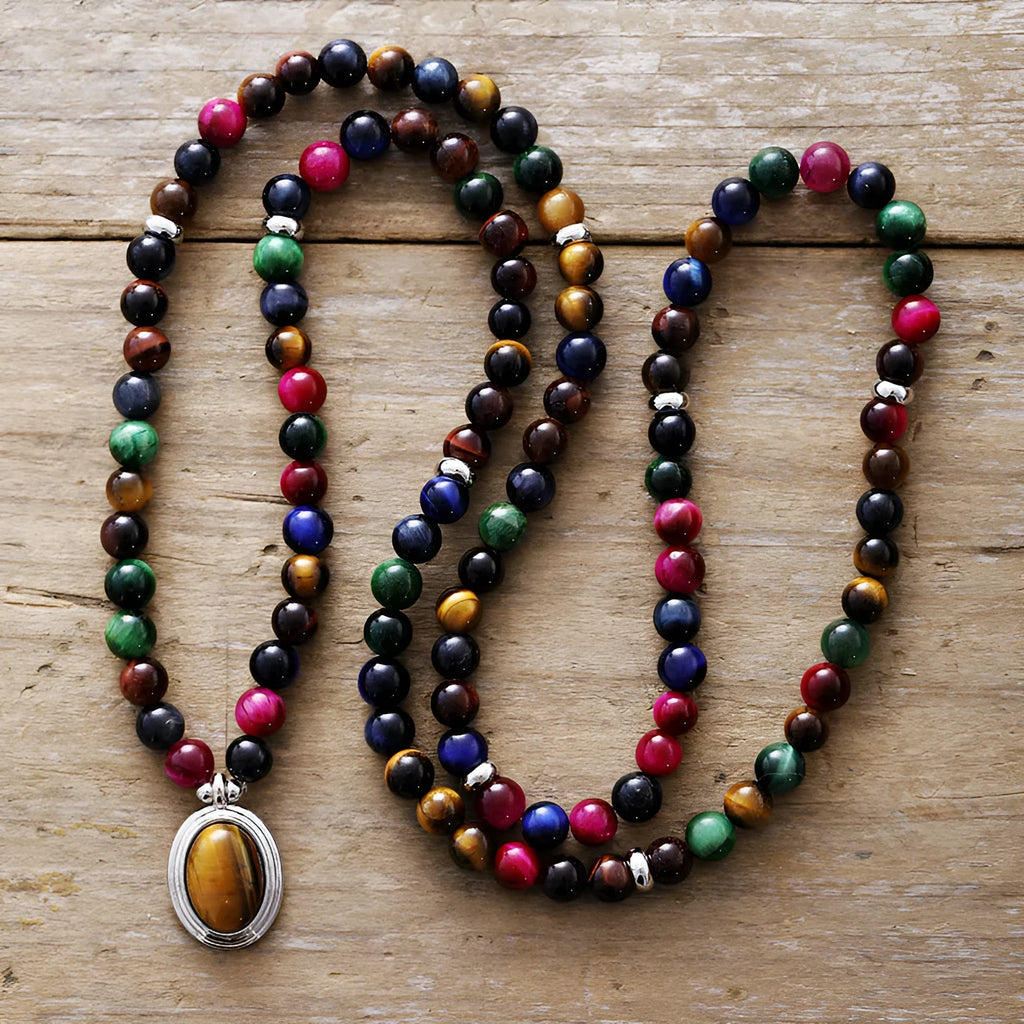 Natural tiger-eye 108 bead pendant necklace bracelet on ball bead chain with mixed-gem inlay featuring wings, crown and infinity symbol