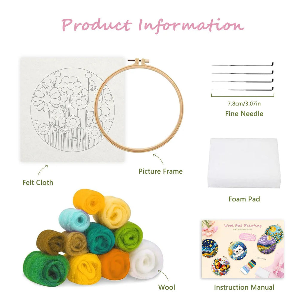 Round linen fabric embroidery kit 20x20cm with free frame flowers grass leaves three-dimensional blanket painting
