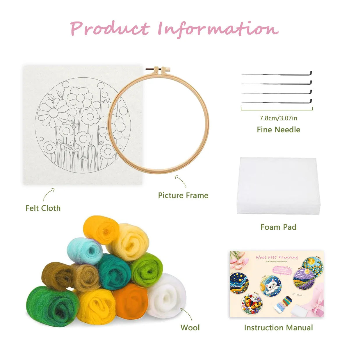 Round linen fabric embroidery kit 20x20cm with free frame flowers grass leaves three-dimensional blanket painting