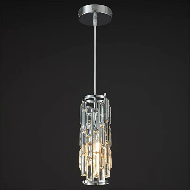Industrial style LED crystal droplight in black finish with metal frame and crystal pendant detail