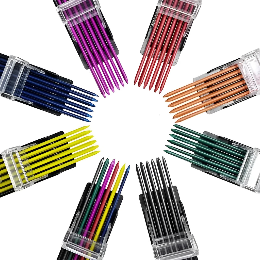 Box containing 12 coloured erasable mechanical pencil lead refills for drawing pens.