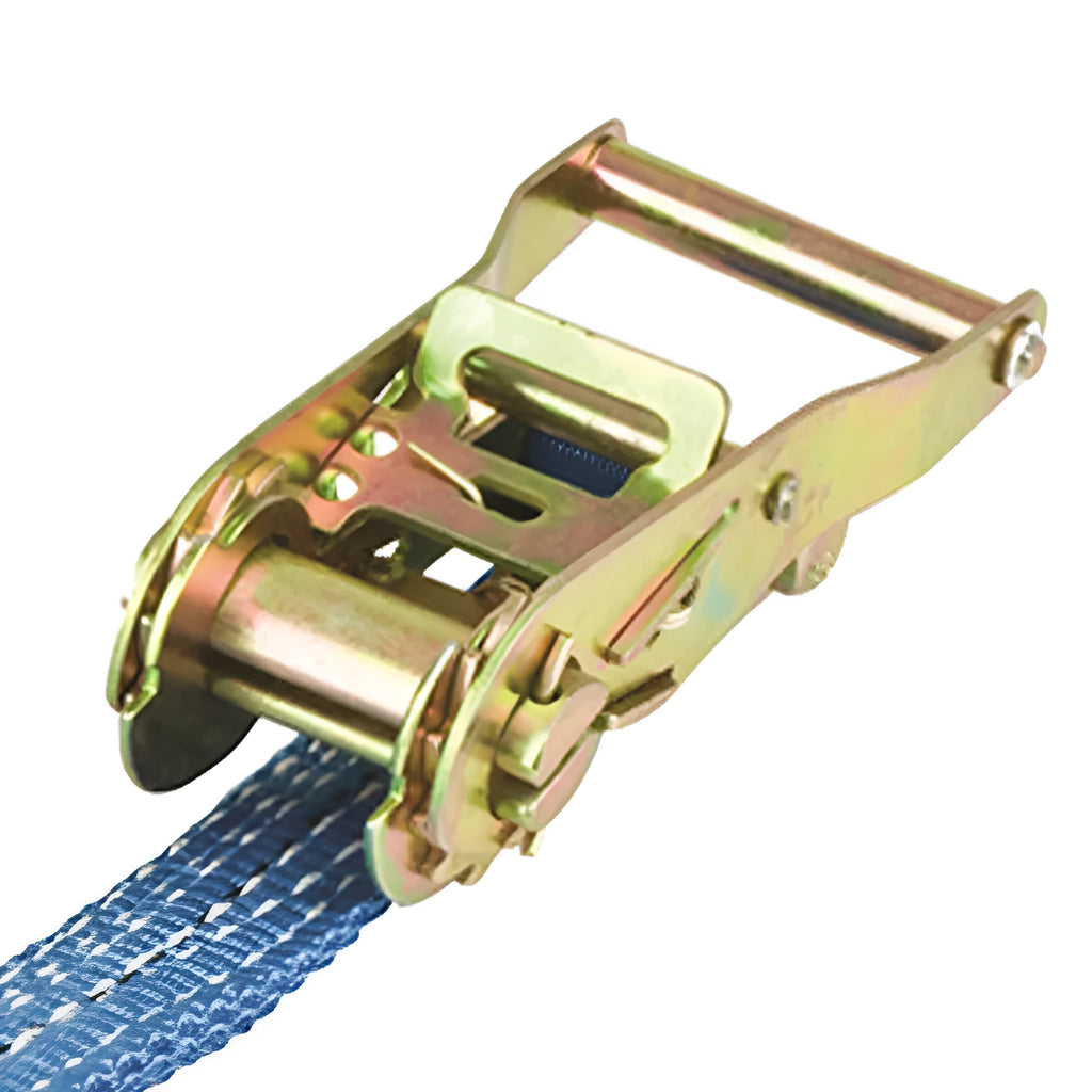Heavy-duty ratchet tensioner fastening strap with steel buckle and double hooks on polyester webbing.
