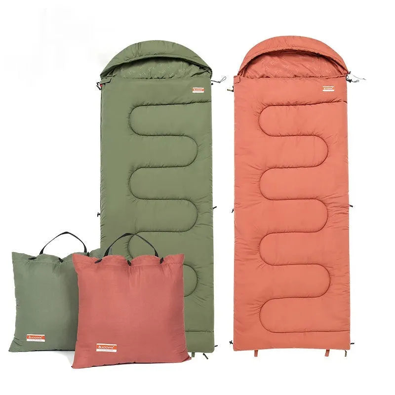 Cotton camping sleeping bag quilt in ochre or olive green colour, showing ultra-light portable design