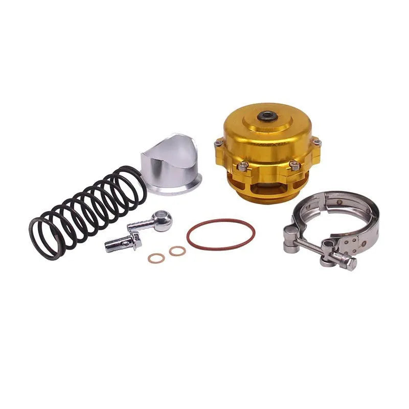 Universal aluminium alloy blow-off valve for turbo protection, 50mm, shown in multiple colours.