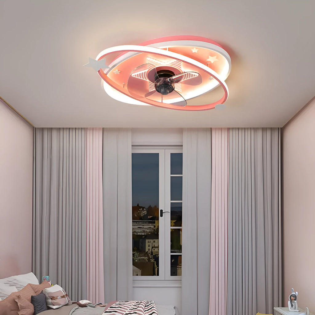 Modern blue children's bedroom ceiling fan with integrated tri-colour LED light and remote control.