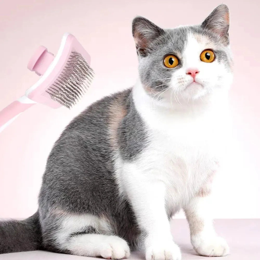 Self-cleaning slicker brush for dogs and cats with gentle bristles and one-click hair release button