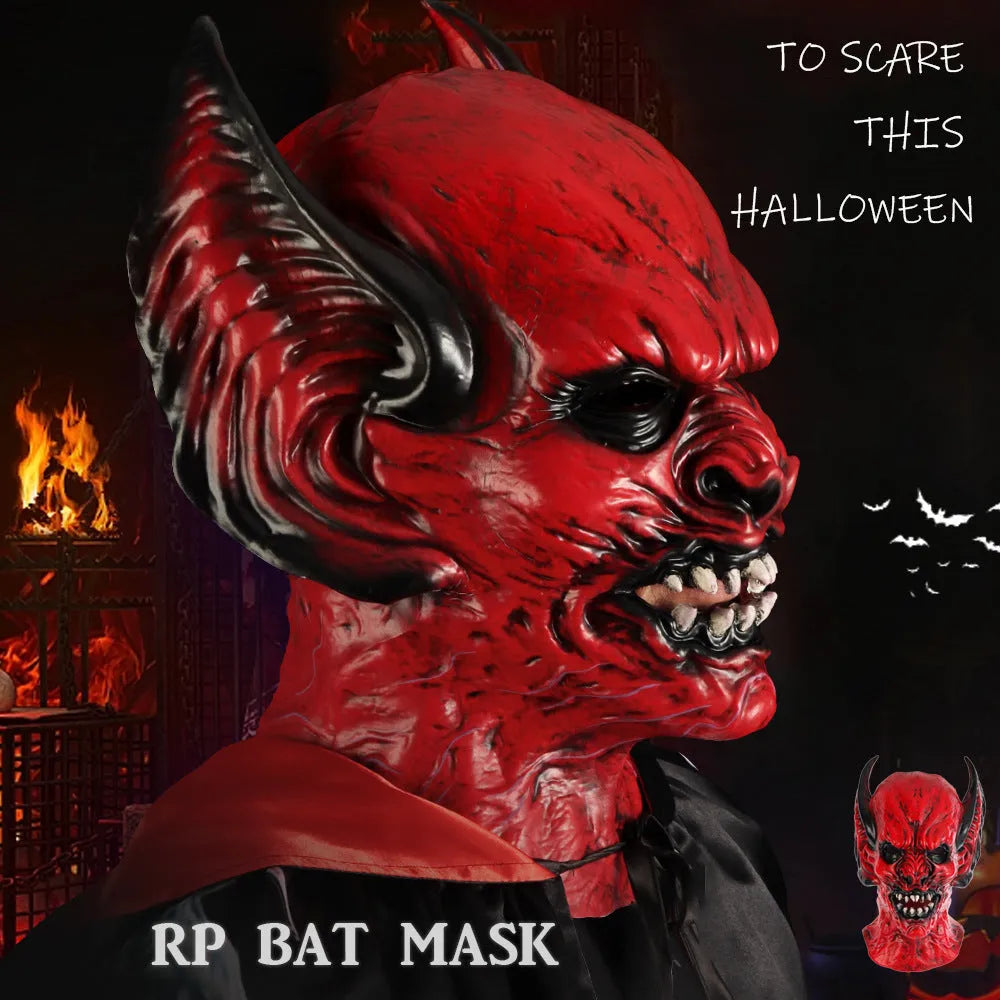 Red bat themed party hood mask for horror costume and dress up events.