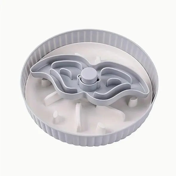 Pet slow feeder bowl with rotating game board showing anti-choke silicone pad in multiple colour options