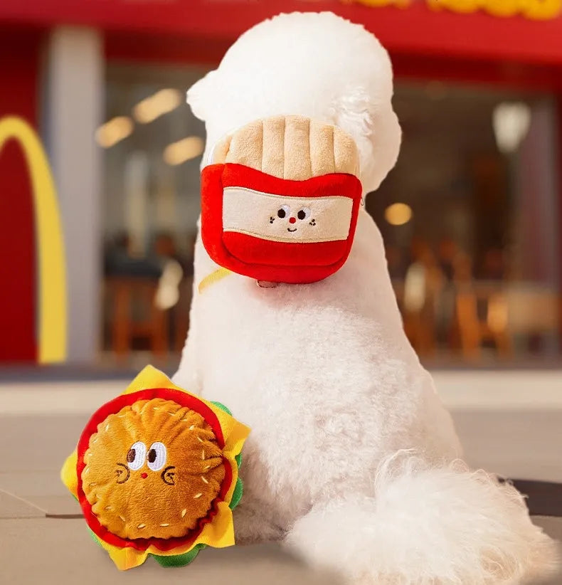 Adjustable dog vest leash with backpack in a cartoon hamburger print, showing the escape proof vest design