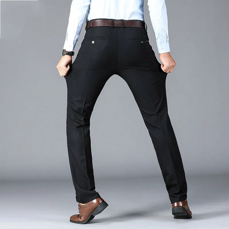 Men's cotton straight leg casual trousers in black, dark blue, and grey, waist sizes 28-42