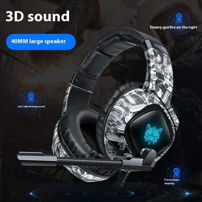 Camouflage grey wired RGB gaming headset with head-mounted design and 2.2 metre braided cable