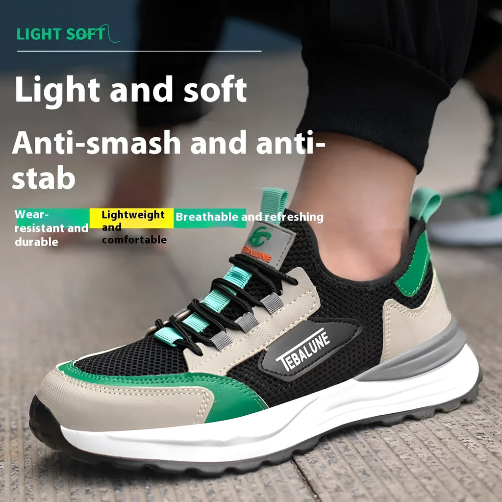 Black and green low-top lightweight mesh plastic steel toe safety shoes on white background