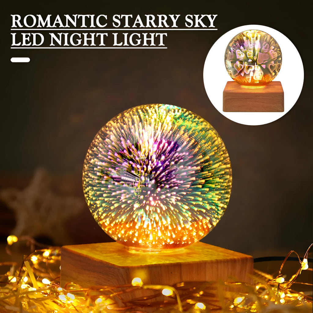 USB 3D firework crystal ball night light with touch control on a wooden table, warm LED glow effect