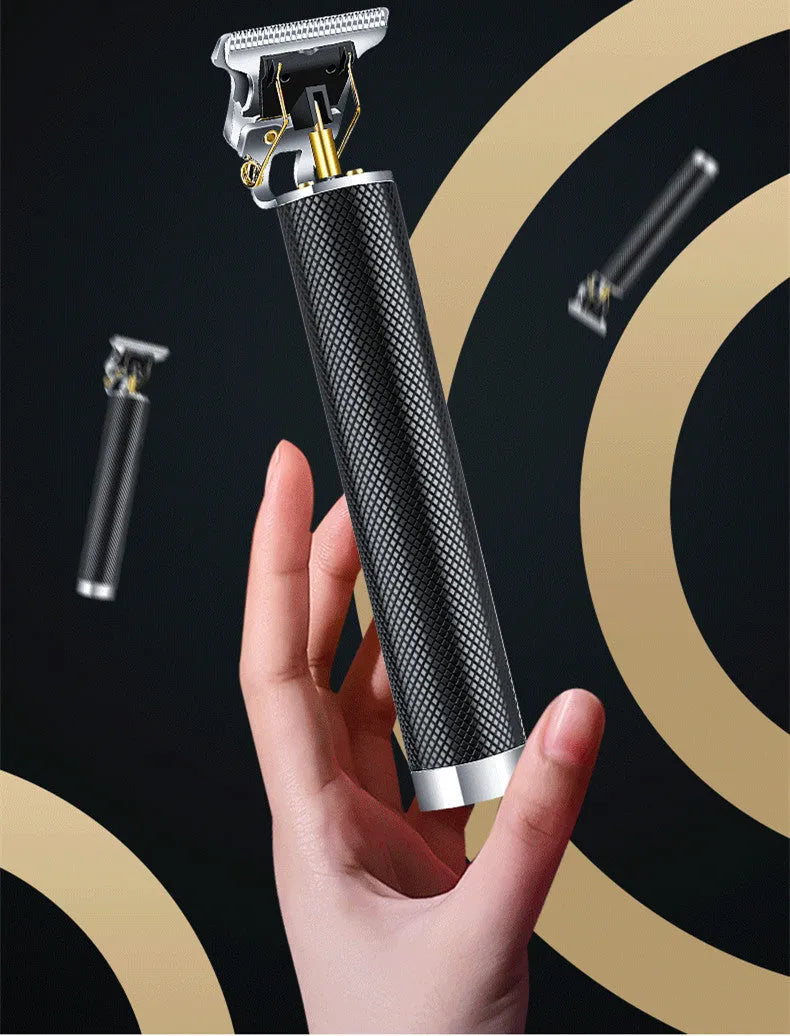 Black rechargeable electric hair clipper with gold steel blades and four comb attachments
