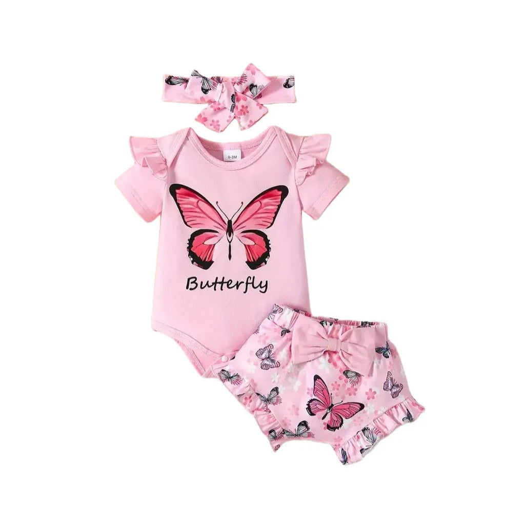 Baby girls summer two-piece set in peach with butterfly letter print short sleeve top and shorts on white background