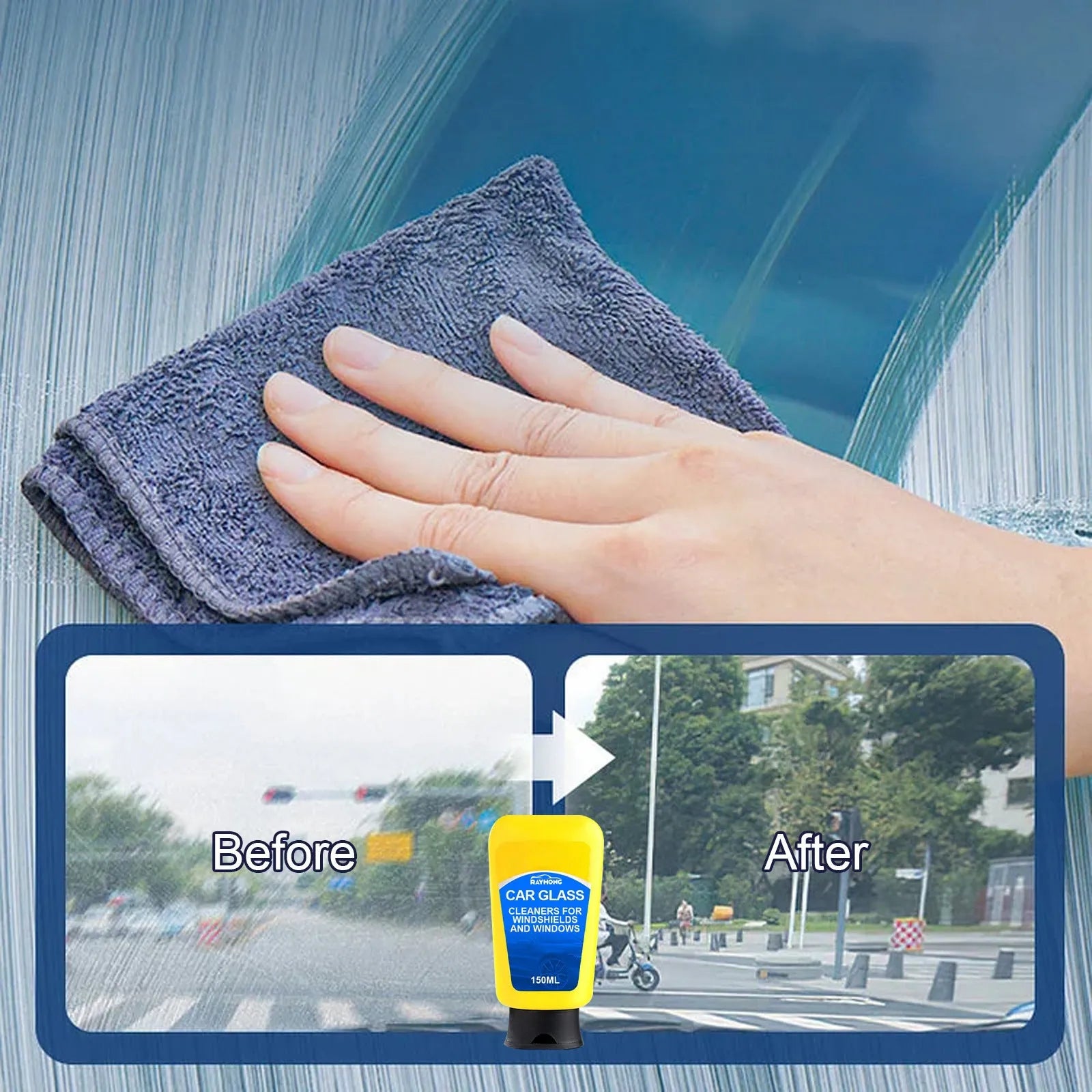 Windshield automotive detergent 150ml with sponge and cloth for car glass cleaning