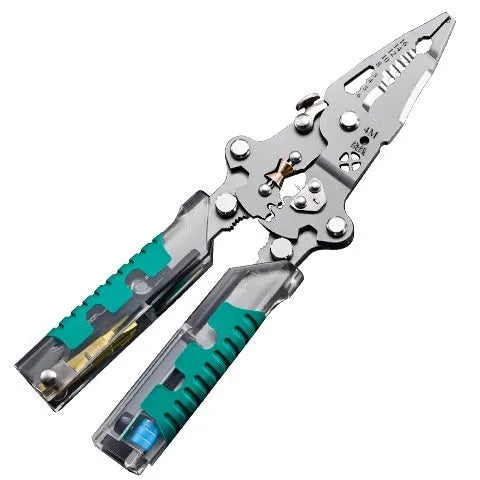 Electricians' wire stripper and pointed pliers tool showing hardened steel construction