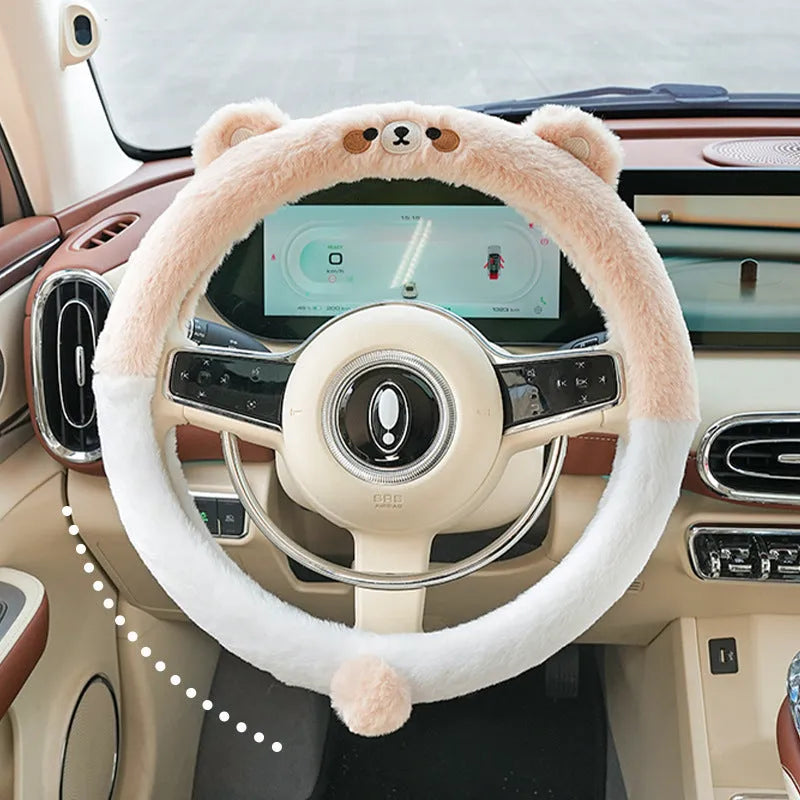 Plush steering wheel cover with embroidered animal design for 38cm diameter wheels