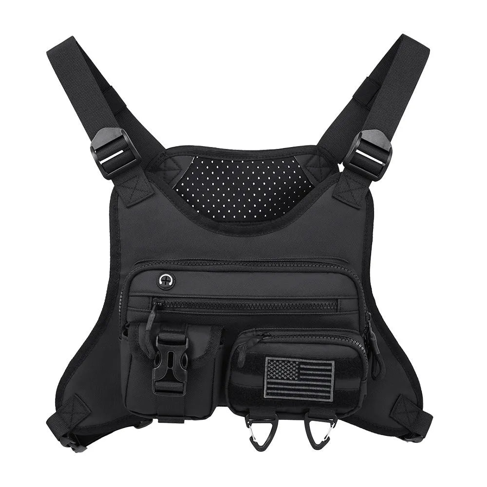 Oxford cloth chest bag designed as a riding vest in black, grey, and blue colour options