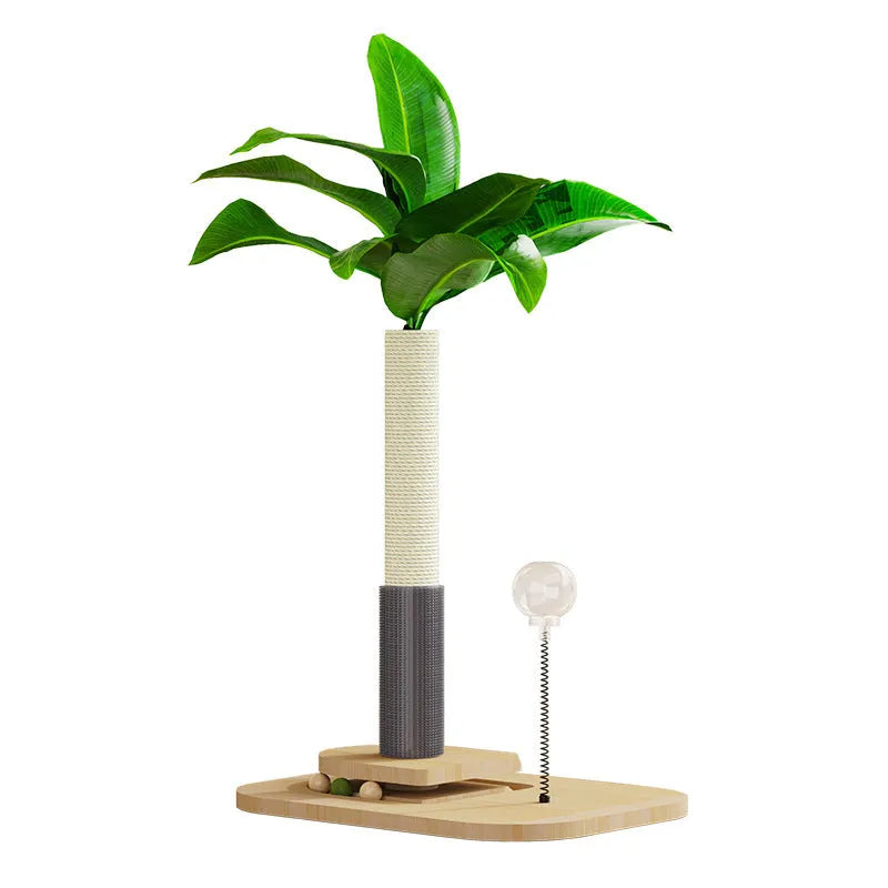 Wooden cat scratching post in Canna colour with a chamfered column and a hanging toy ball.