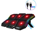 Black and red plastic laptop cooling pad with six fans and a USB cable.