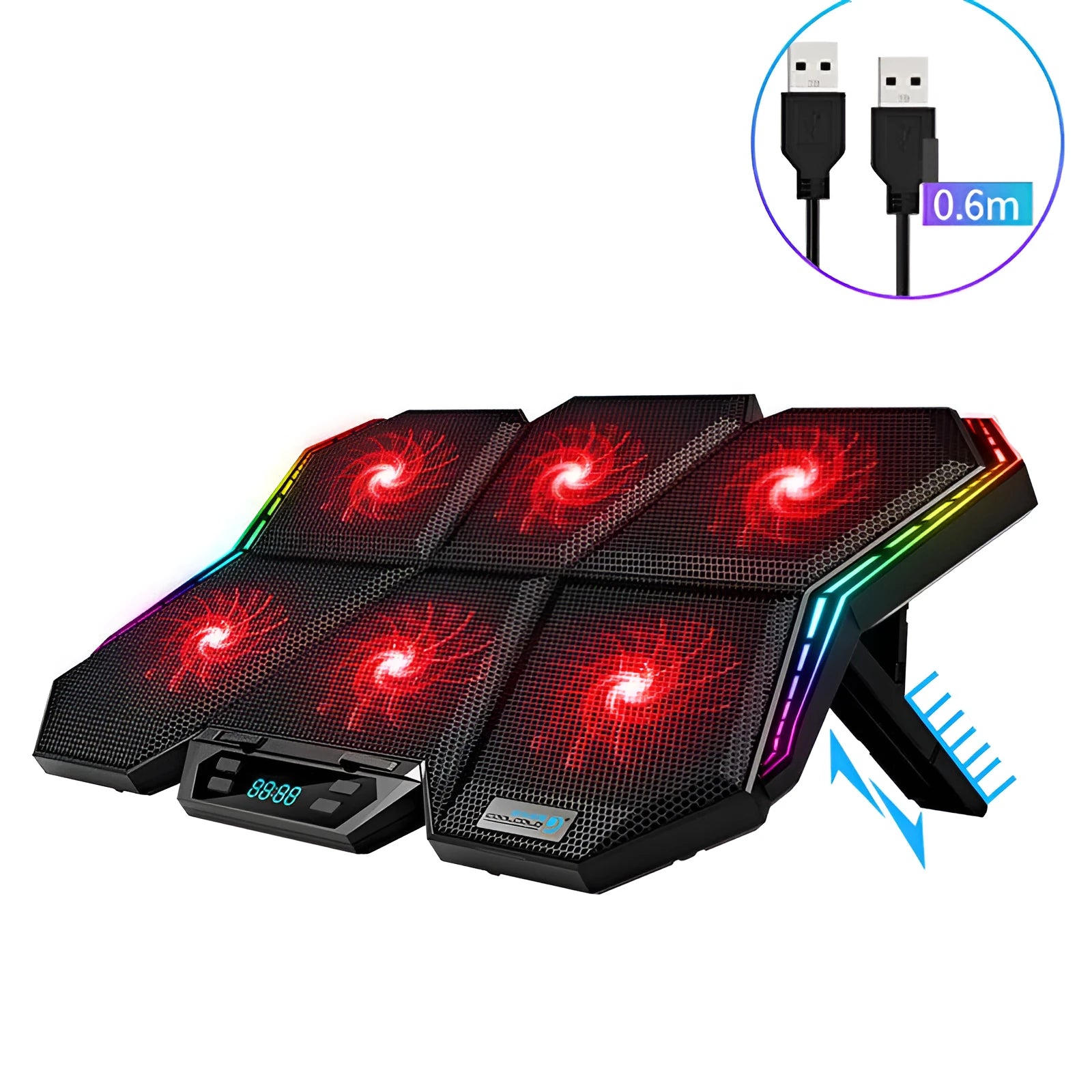Black and red plastic laptop cooling pad with six fans and a USB cable.