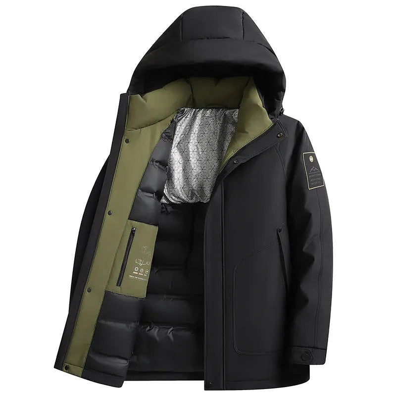 Outdoor white duck down hooded jacket for men in black polyvinyl alcohol fibre blend with front zip