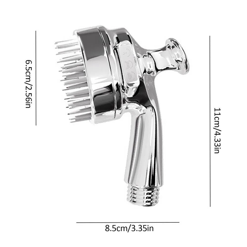 Silver 2 in 1 dog shower attachment with soft silicone comb teeth and ergonomic grip on white background