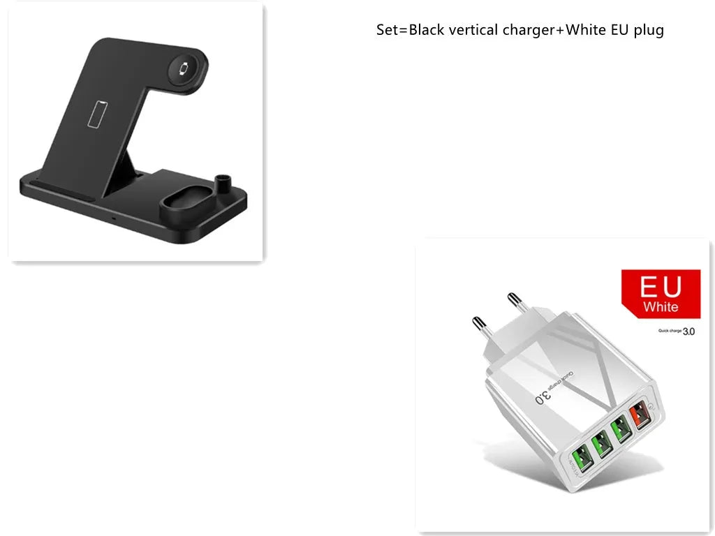 Black 4-in-1 wireless charging station for iPhone, Apple Watch, AirPods and Apple Pencil on a desk