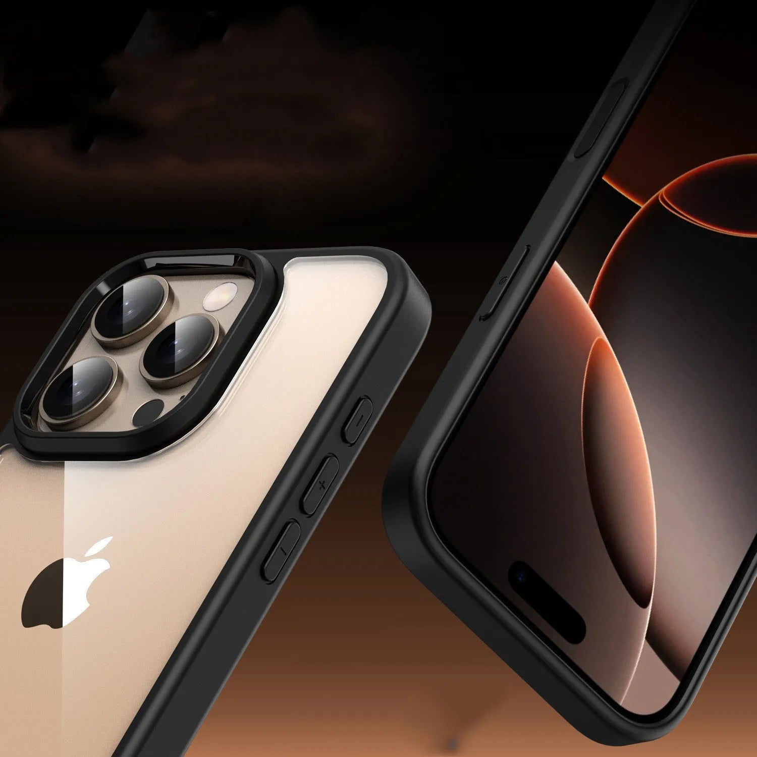 Black transparent magnetic phone case for iPhone 16 with airbag corners and TPU PC construction