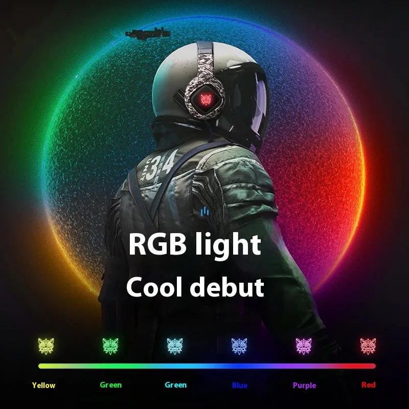 Camouflage grey wired RGB gaming headset with head-mounted design and 2.2 metre braided cable