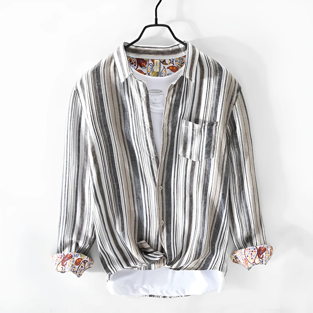 Men's striped linen shirt with long sleeves in red or grey colour options
