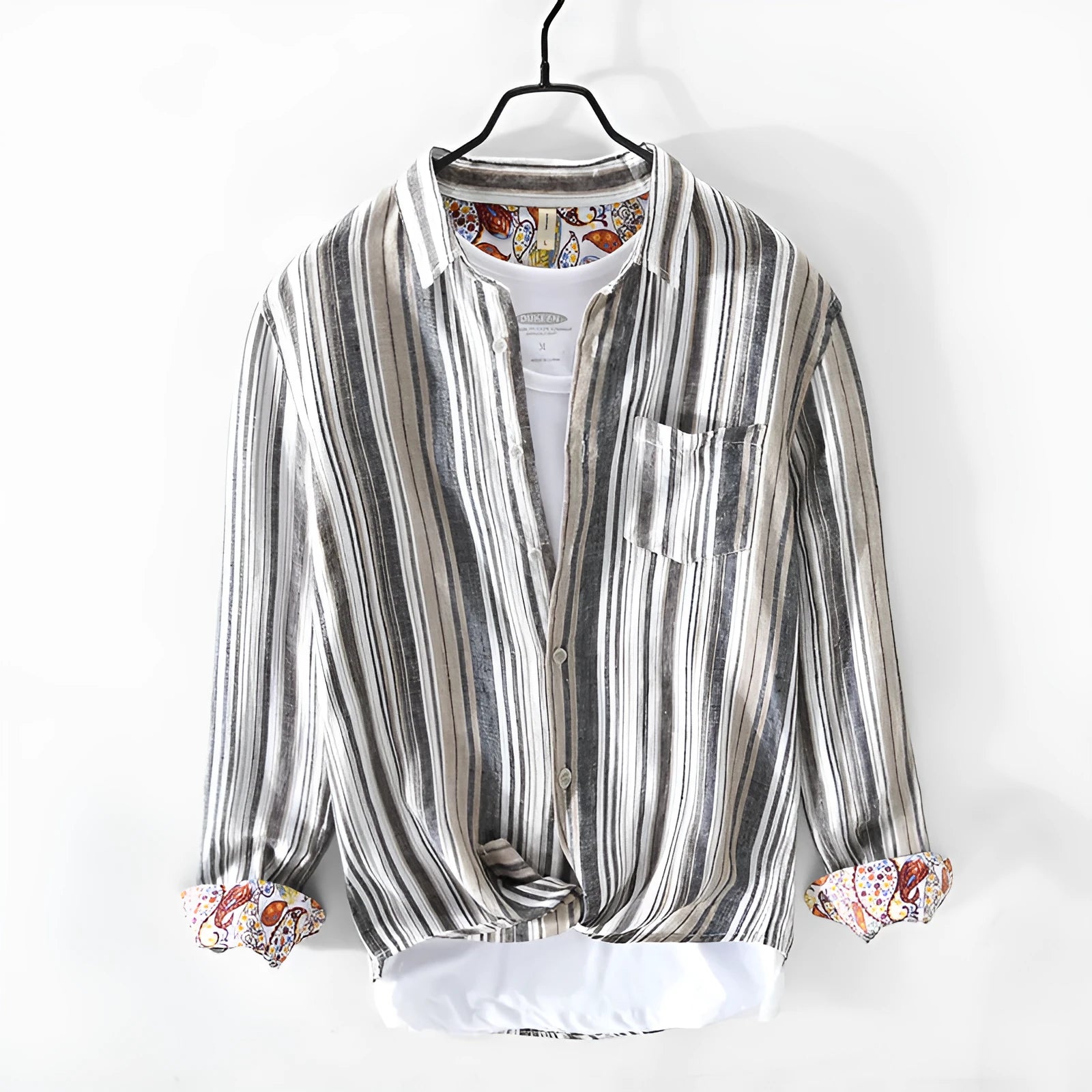 Men's striped linen shirt with long sleeves in red or grey colour options