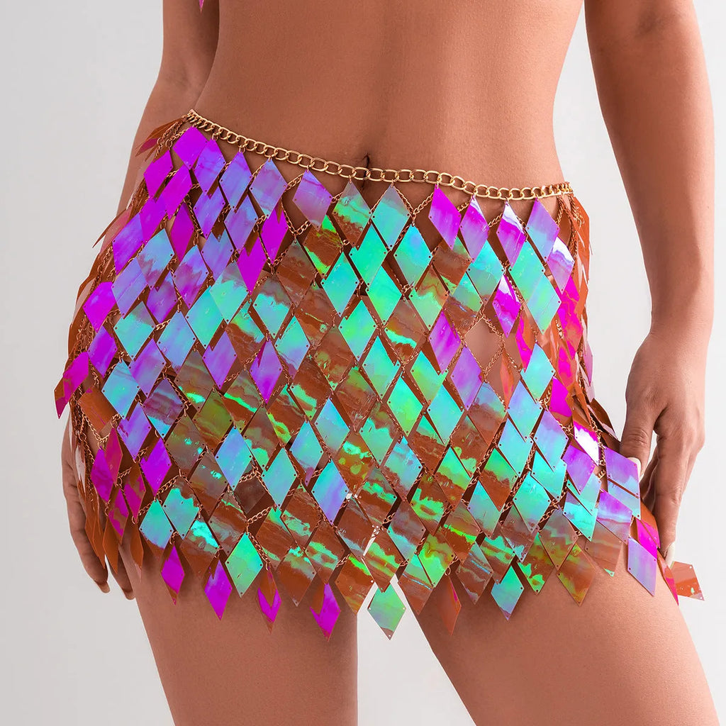 Women's geometric plastic body chain with electroplated finish in orange and blue colour options for beach casual wear