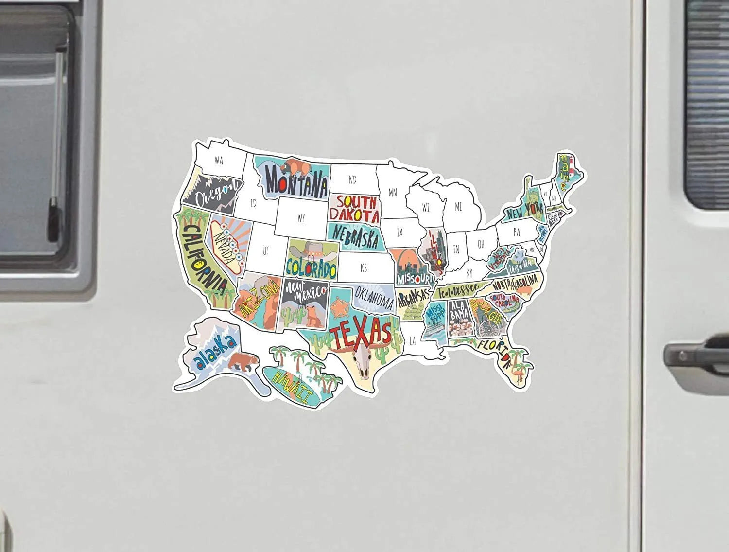 Travel and map themed letters design car body sticker set with white backing sheet.
