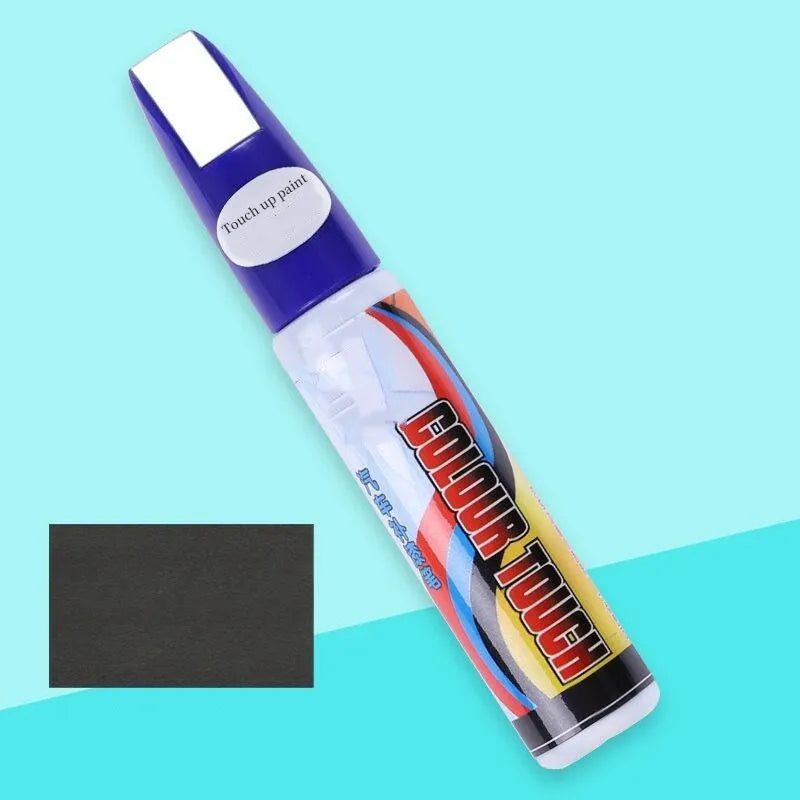 Automotive paint repair pen scratch repair fluid kit with paint pen, wax, sponge, and sandpaper.
